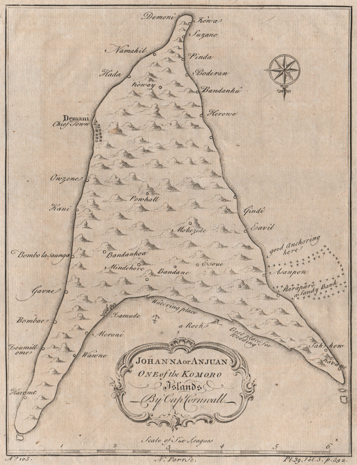 ANJOUAN ISLAND, COMOROS. 'Johanna or Anjuan, one of the Komoro Islands' 1746 map